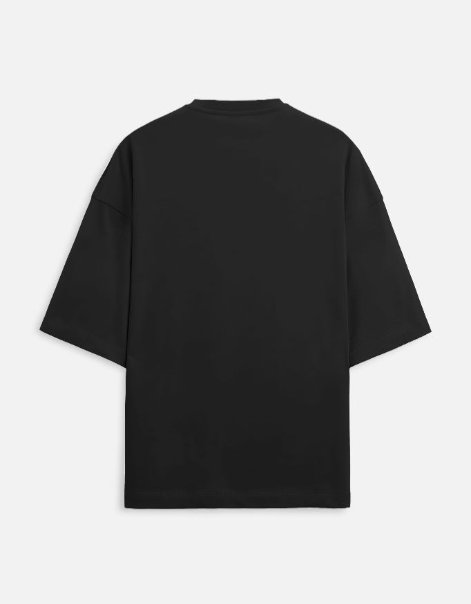 Back view of The Zoul premium black terry oversized crew neck t-shirt with a relaxed fit and short sleeves.