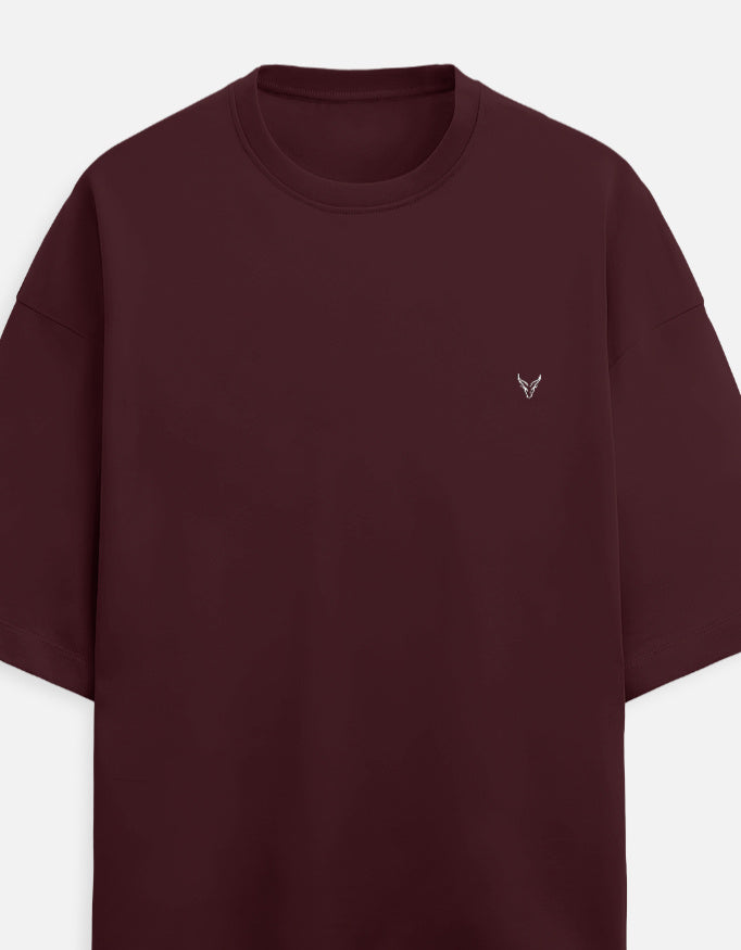 The Zoul premium burgundy oversized crew neck t-shirt in soft terry fabric with subtle chest logo embroidery