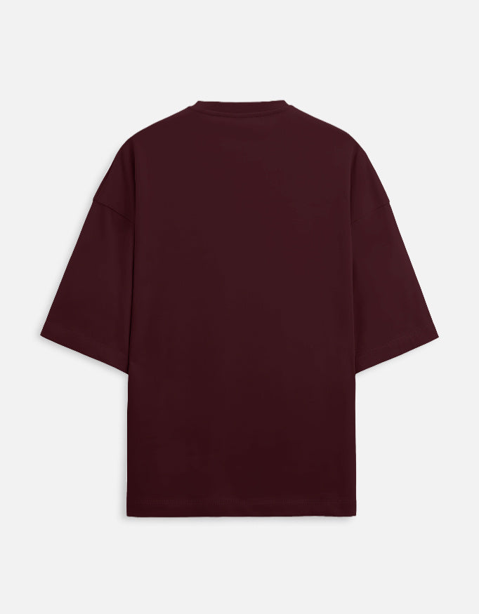 The Zoul premium burgundy oversized crew neck t-shirt in soft terry fabric, back view showing relaxed silhouette.