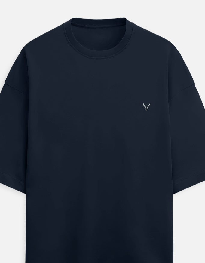 The Zoul dark navy oversized terry-knit t-shirt with drop shoulders and a small white logo embroidery on the chest.