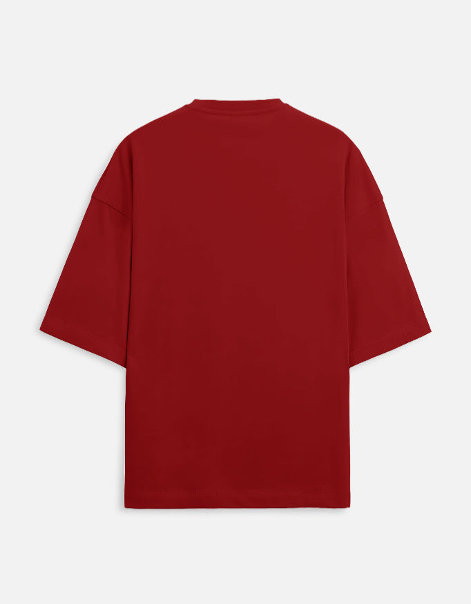 Back view of The Zoul premium dark red terry oversized crew neck t-shirt with a relaxed fit and clean design.