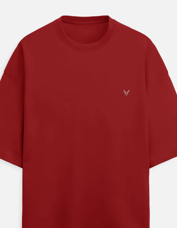 The Zoul premium dark red oversized crew neck t-shirt in soft terry fabric with subtle chest logo embroidery