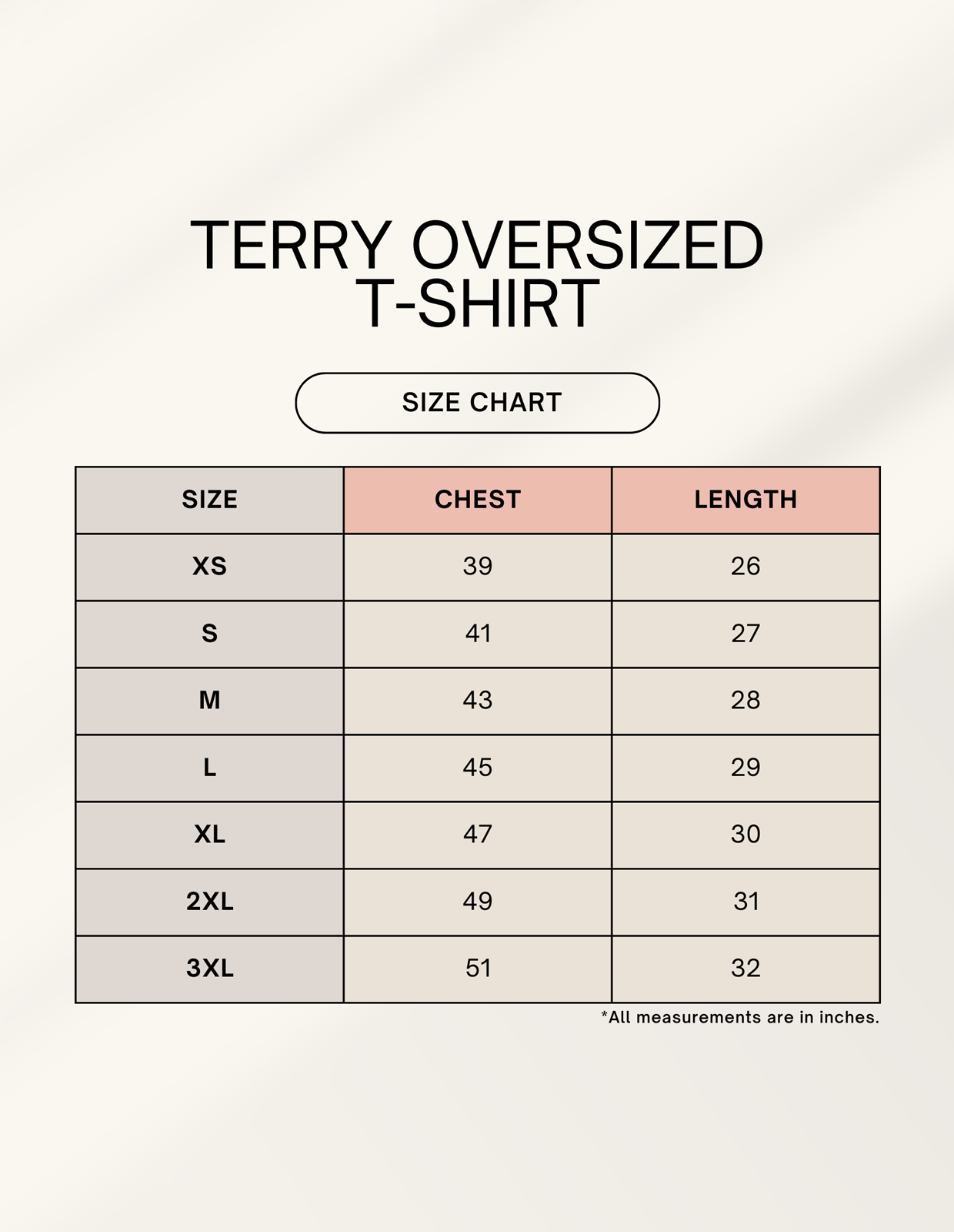 The Zoul size chart for premium terry oversized crew neck t-shirt showing chest and length measurements in inches