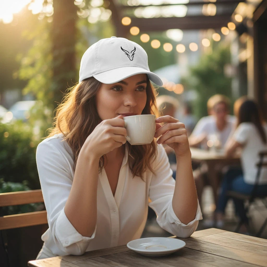Woman wearing a white The Zoul baseball cap with an embroidered logo while drinking coffee at an outdoor cafe.