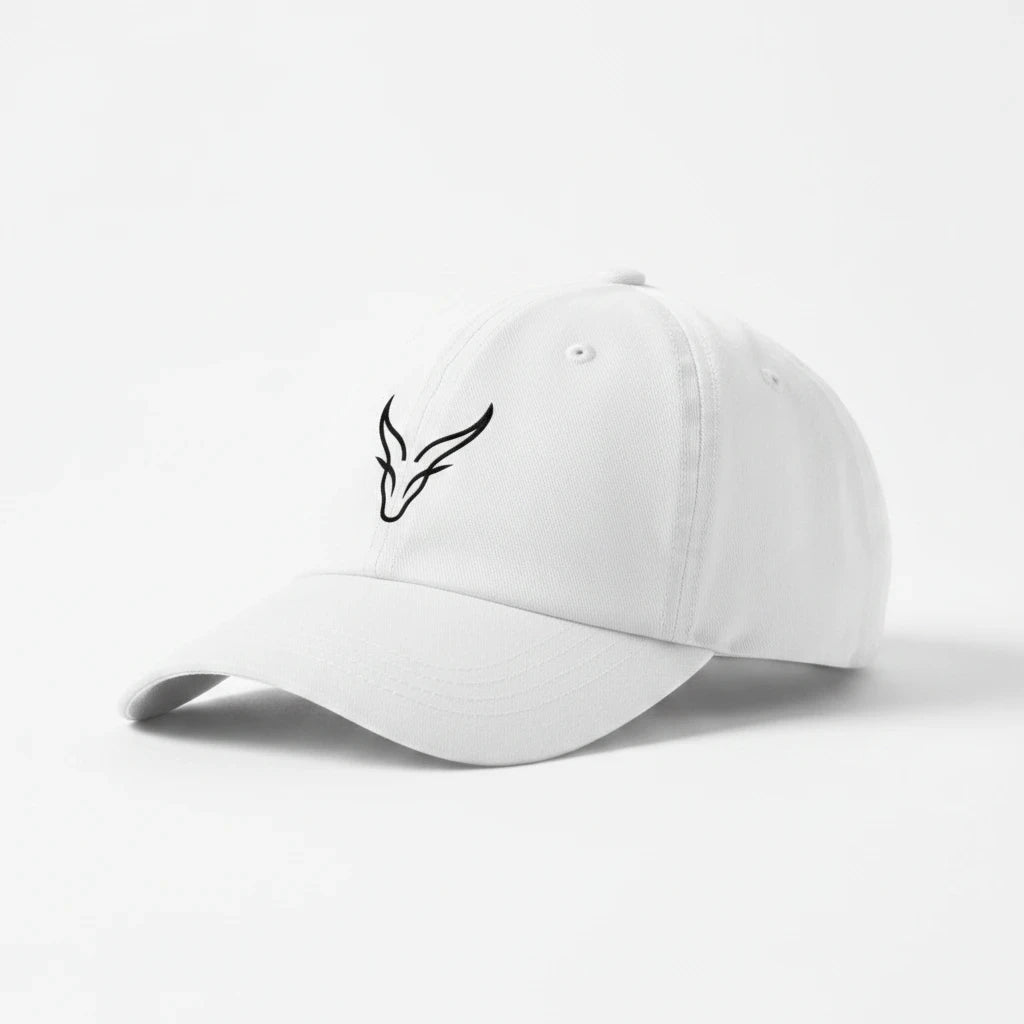 The Zoul white baseball cap with a minimalist black embroidered logo on the front and a classic curved brim.