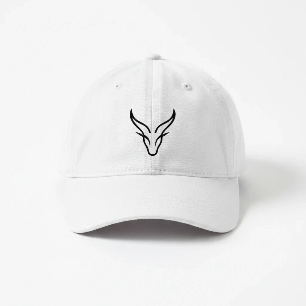 The Zoul white baseball cap featuring a minimalist black embroidered logo on the front with a curved brim.