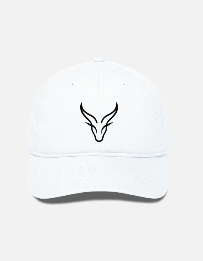 The Zoul white baseball cap with a black embroidered logo on the front, featuring a structured crown and curved brim.